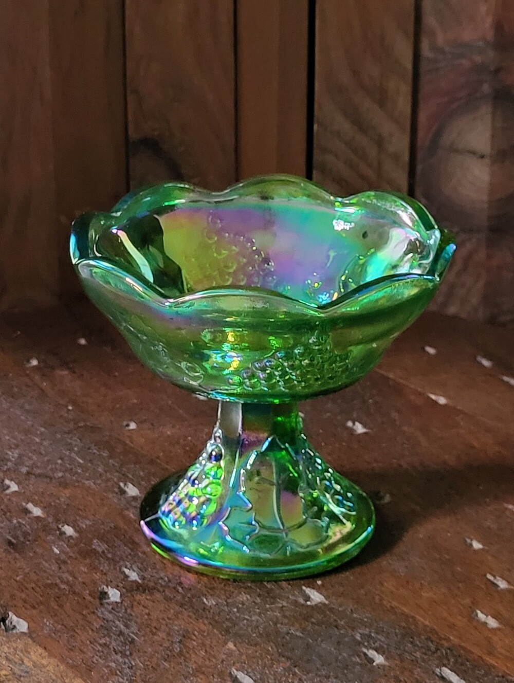 Green Iridescent Glass Compote - Home Art